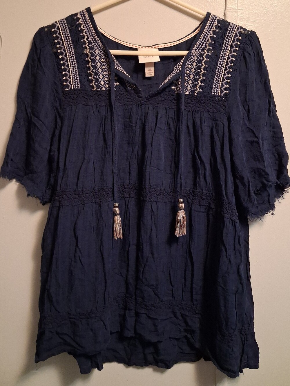 Knox Rose Navy Embroidered Tassel Boho Tunic Frayed Sleeves
